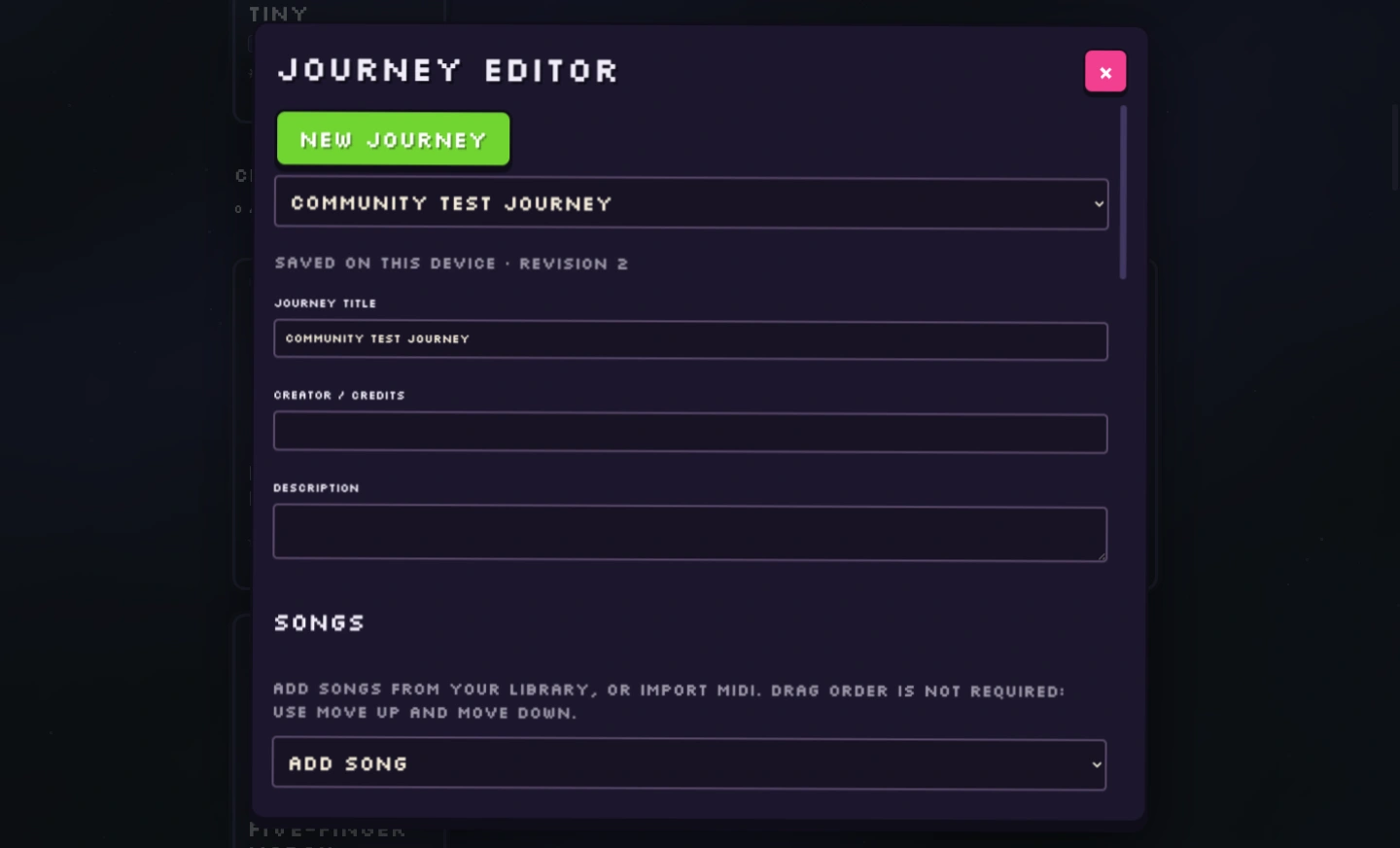 The in-game Journey Editor showing a saved Community test journey draft, title, creator credits, description and an Add Song control.