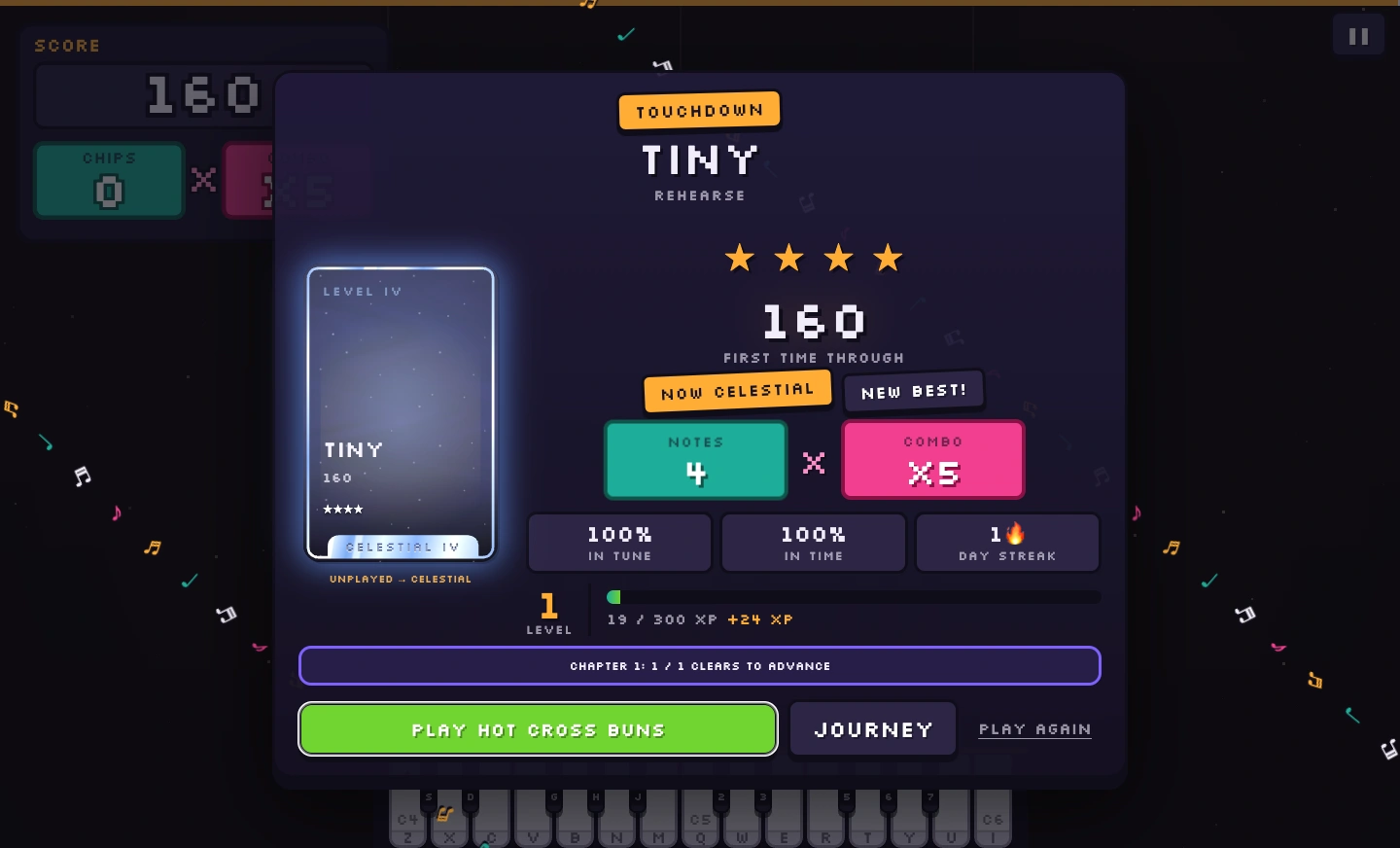 Results for the Tiny test song, showing its Celestial card, the Unplayed to Celestial tier change, chapter progress and a Play Hot Cross Buns button.