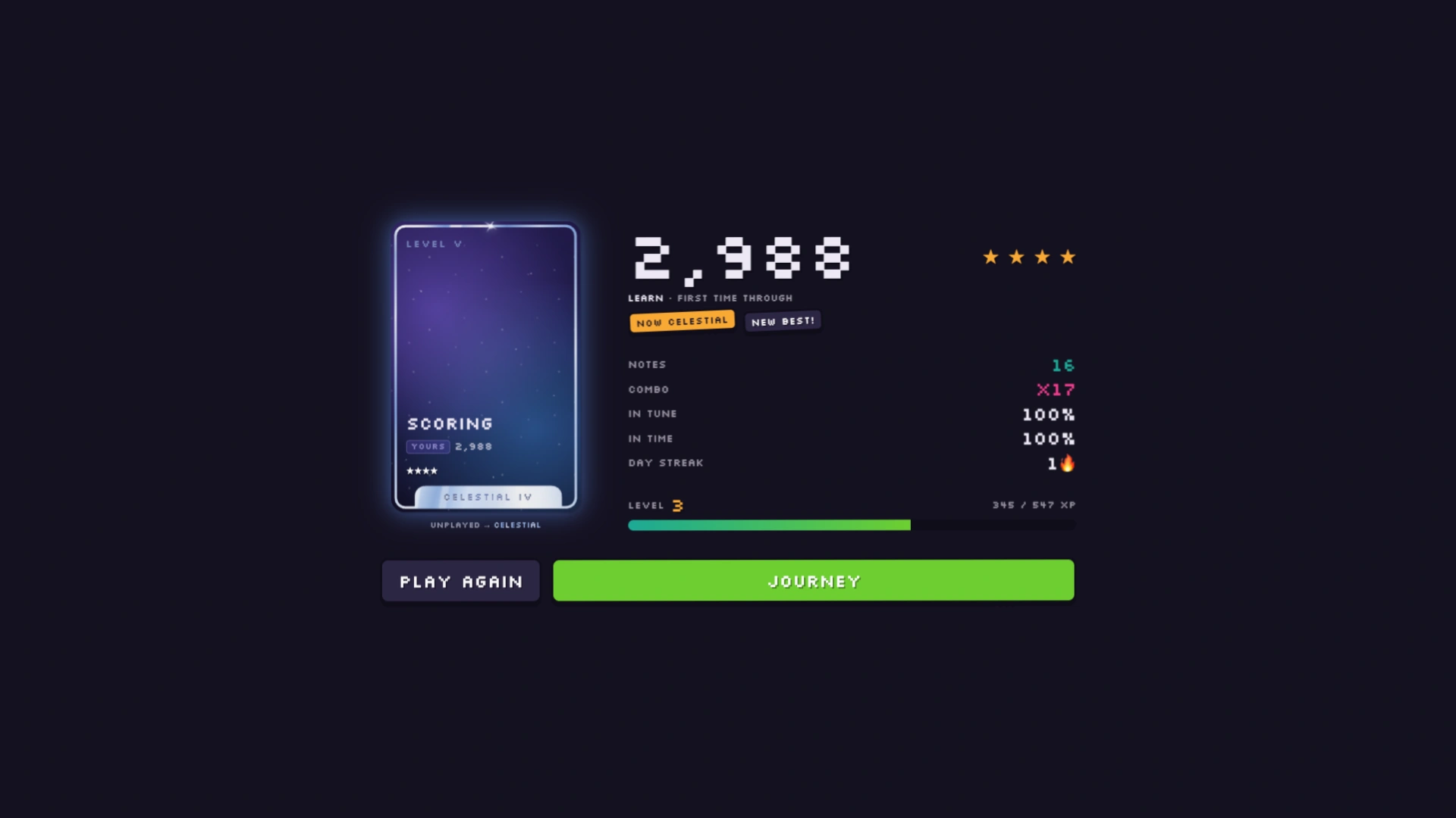 The updated results screen, with the earned card on the left and the score, statistics and progression aligned on the right.