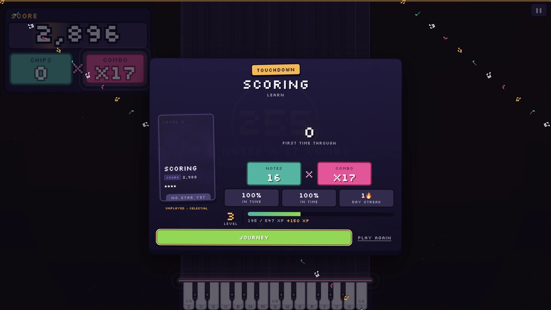 The old results screen, with a Touchdown heading, boxed statistics and the playfield visible behind it.
