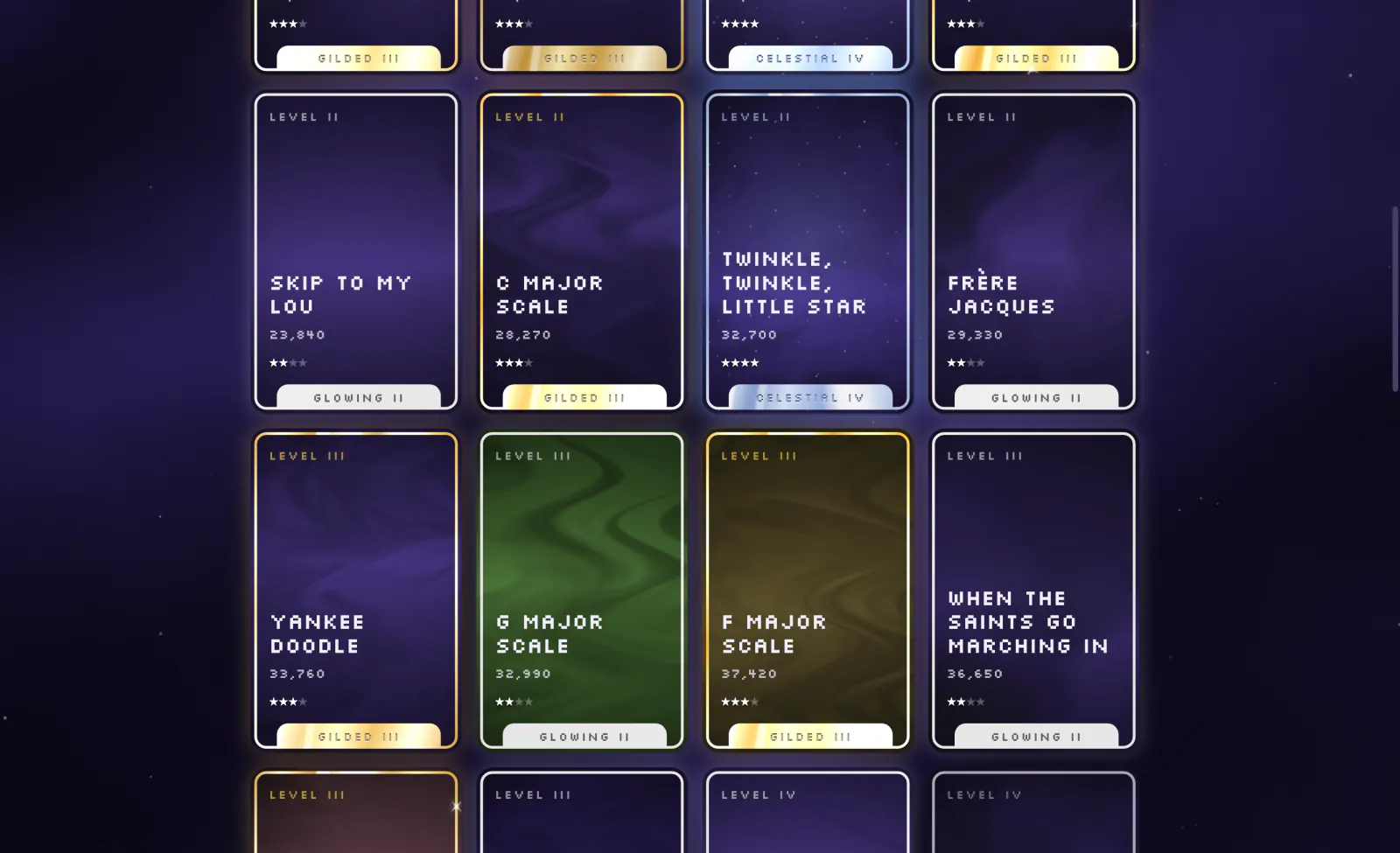 Rows of song cards, each in its own colour and pattern.