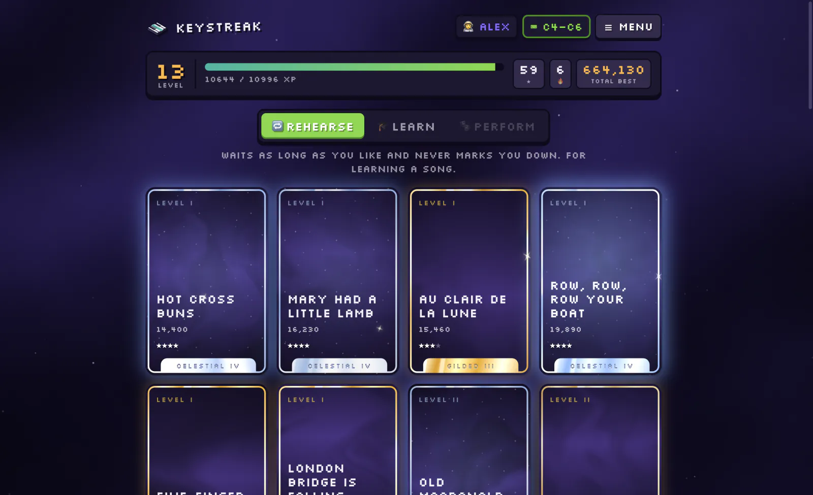 The song library: a grid of glowing cards over a nebula, with the player's level above.