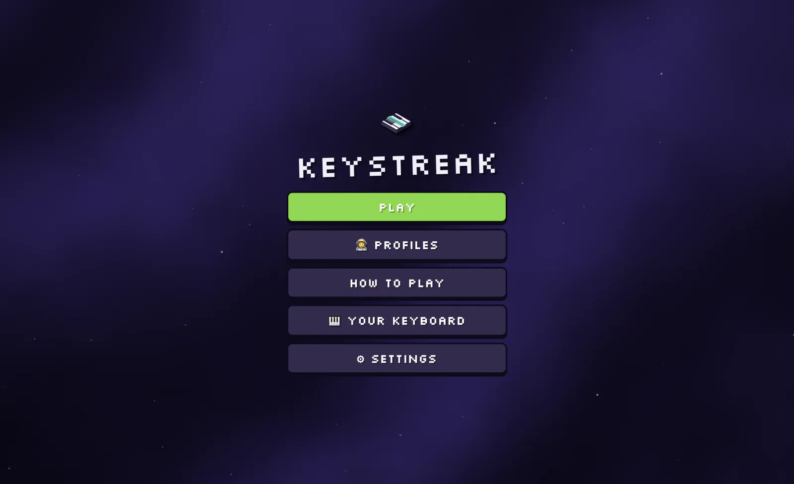The Keystreak start screen over a violet nebula.