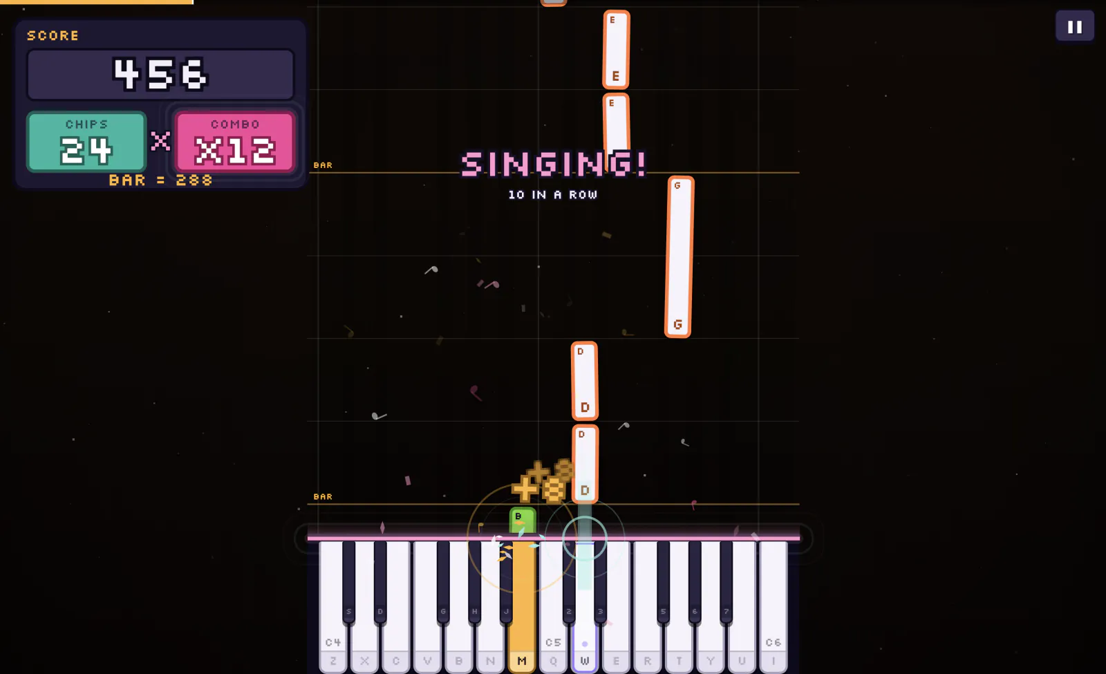 Note cards falling toward a two-octave keyboard, with a ten-in-a-row streak callout.
